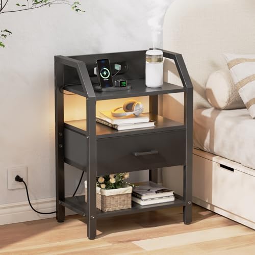 HLDIRECT Compact Nightstand with Charging Station, Warm LED Bedside Table | Fabric Drawer & Shelf, FSC Wood, 66 lbs, 18.1"W x 11.5"D x 26"H, Adjustable Feet, Compact for Small Bedroom, Dorm,Black - color: Black, size: 1 Drawer