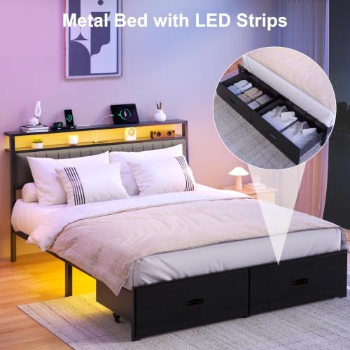 Full Bed Frame with 2 Drawers, Platform Bed Frame with LED Lights and Charging Station, Upholstered Headboard, Heavy Duty Metal Slats, No Box Spring Needed, Noise Free, Easy Assembly - size: Full, style: Fashion