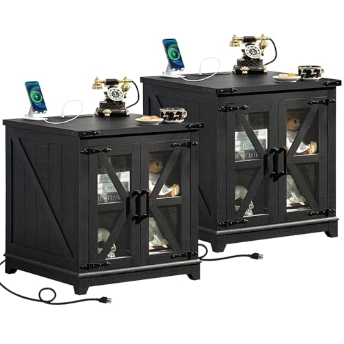 Joaxswe Farmhouse End Table Set 2 for Living Room, Charger Station | USB Ports, Glass Barn Door, Solid Wood Legs, 24" Large Sofa Side Table, Adjustable Shelf, Black Square Table for Bedroom - color: Black, size: Set 2