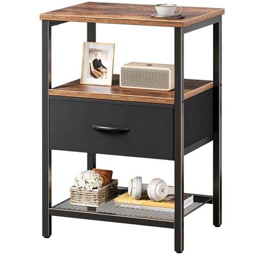 Huuger Night Stand with Fabric Drawer, Side Table with Mesh Shelf, Bedroom Nightstand, Fabric Drawer Dresser, Open Shelf, Metal Frame, Couch Side, Rustic Brown and Black | Bedroom Nightstand, Fabric Drawer Dresser, Open Shelf, Metal Frame, Couch Side, Rus