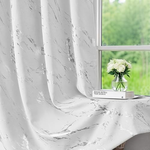 WUBODTI Silver Marble Blackout Curtains 108 inch Bedroom Grommet 2 Panels | Silver on white,metallic pattern,modern,abstract,thermal insulated, room darkening,living room,privacy,window treatments - color: Grey White and Silver, size: 52"W x 108"L (Pack o