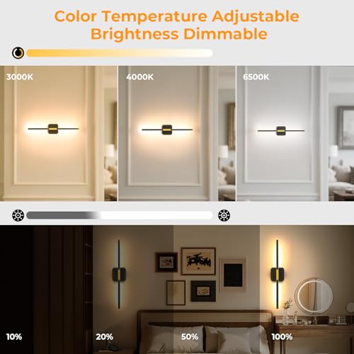 Battery Operated Wall Sconces 360°Rotate Detachable Dimmable Set of 2 | Rechargeable Wall Light 3000-6500K with Remote Control 10000mAh for Bedroom Living Room 28.3" Black Gold - color: Black-Square Base, size: 2 Pack
