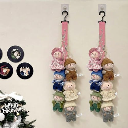 Plush Doll Hanging Storage Rope Display Rack with 8 Clips – Wall Hanging Organizer for Keychain Plushies, Mini Toys– Holds up to 3kg (Pink) - color: 1 PCS Pink