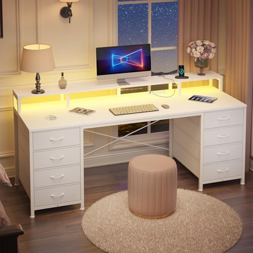60" Computer Desk with 8 Drawers & Monitor Stand for Home Office, Bedroom | Gaming Desk with LED Lights & Power Outlets, Home Office Desk with 8 Fabric Drawers, White - color: White, size: 18.9"D x 59.8"W x 34.9"H