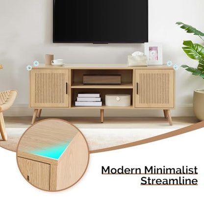 Modern TV Stand for 65 Inch TV, Oak Entertainment Center with Storage | Modern Fluted Boho Design, Adjustable Shelf, 4 Cable Management Holes, Stable Support TV Console for Living Room & Bedroom