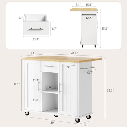 Shintenchi Kitchen Island with Storage, Bar Cart Cabinet Island Table on Wheels, Rolling Microwave Cart for Kitchen with Drop Leaf, Drawers, Towel Rack, Seating Area for Dining Room, White - color: White-42 Inch