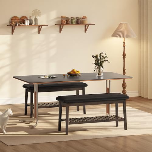 HOOBRO Dining Bench, Bamboo Dining Room Bench, 2-Tier Entryway Bench with PU Leather Upholstered Seat, Kitchen Bench for Living Room, Hallway, Entryway, Bedroom, Kitchen, Brown and Black CB70HX01