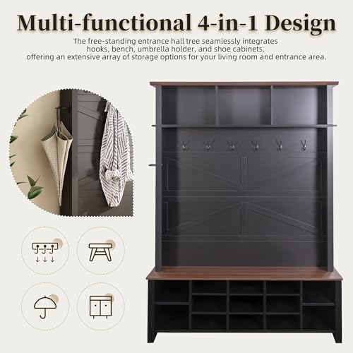 JIVOIT Farmhouse Retro Style Hall Tree, Multi-functional 4-in-1 Design Hall Tree, Practical Walnut Entryway Bench with Adjustable Shelves, Shoe Organizer with 16 Open Compartments for Entryway - color: Black/07