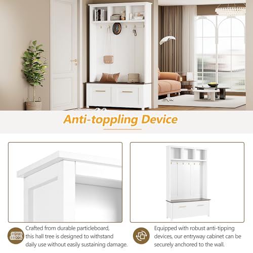 JIVOIT 4-in-1 Entryway Hall Tree with Brown Wood Grain Storage Bench, Wood Entryway Coat Hanger Hall Tree with 6 Golden Hooks, 2 Drawers, Coat Rack for Living Room, Hallway (White/31) - color: White/31