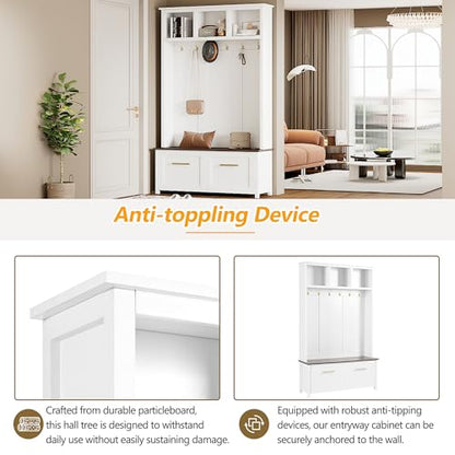 JIVOIT 4-in-1 Entryway Hall Tree with Brown Wood Grain Storage Bench, Wood Entryway Coat Hanger Hall Tree with 6 Golden Hooks, 2 Drawers, Coat Rack for Living Room, Hallway (White/31) - color: White/31