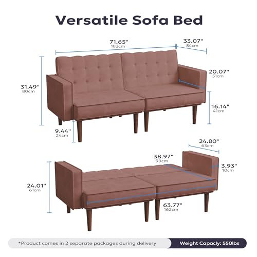 Furnify 71" Velvet Futon Sofa Bed, Versatile Loveseat Couch, Sleeper Sofa with Adjustable Backrest, Mid Century Modern Futon Couch for Small Space, Living Room, Office & Apartment, Velvet Fabric Pink - color: Pink