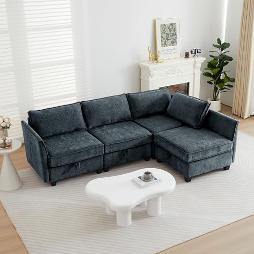 L Shaped Couch with Storage, Modular Sectional L Sleeper Sofa Cama Moderno Sets for Home Living Room, Lounge Sofa Couch Sectional Convertible for Bedroom, Office - color: Navy Blue, size: L Shaped-3+1