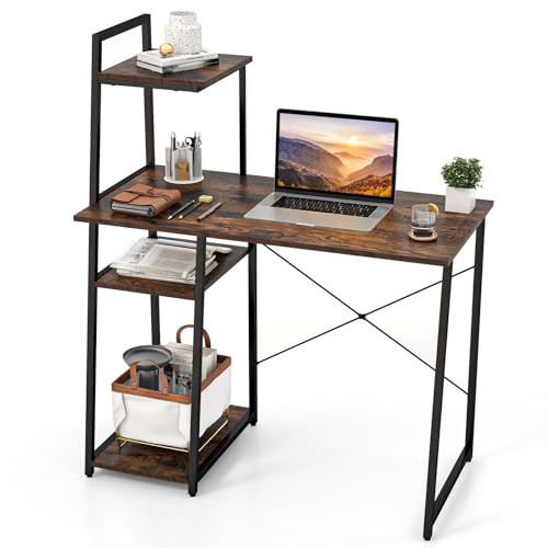 Tangkula Computer Desk with Shelves, Space Saving Home Office Desk with 3-Tier Ladder Shaped Storage Bookshelf, Modern Writing Study Desk with Metal Frame, Compact Computer Workstation (Rustic Brown) - color: Rustic Brown
