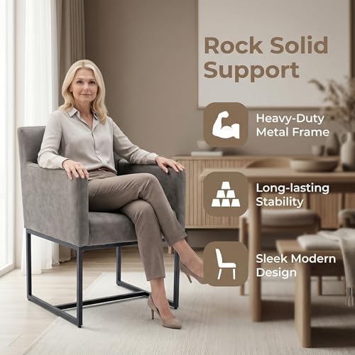 Faux Leather Upholstered Dining Chairs with Arms Set of 2, Mid Century Modern Padded Kitchen Chair with Black Metal Frame for Restaurant, Dining Room, Grey - color: Grey