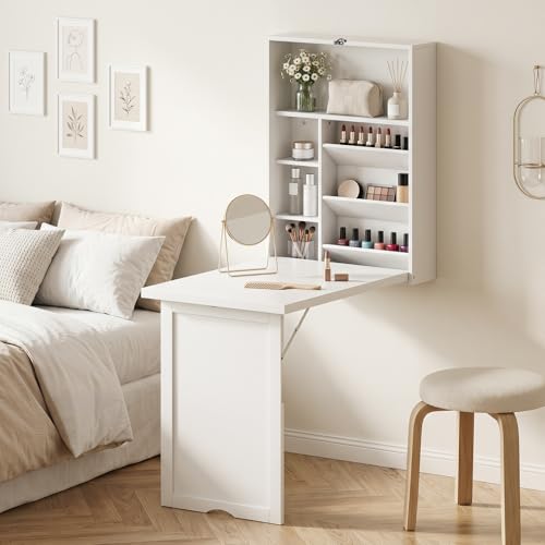 Giantex Wall Mounted Desk, Foldable Convertible Computer Desk with Storage Shelves, Space Saving Fold Out Table, Folding Floating Writing Desk for Small Spaces, Home Office, Bedroom, Apartment (White) - color: White