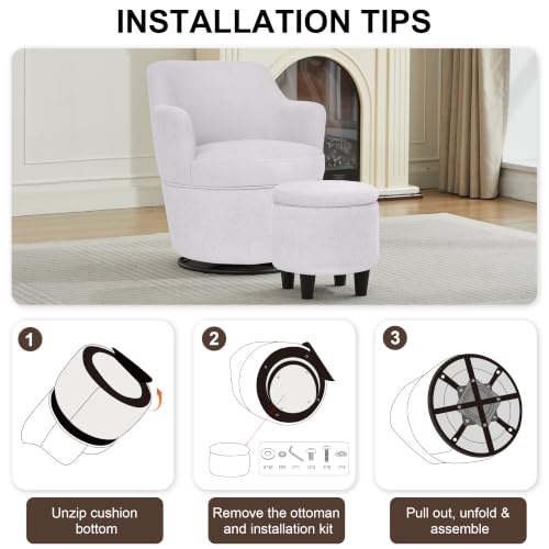 LOULENS Swivel Accent Chair with Storage Ottoman, Brown | Linen, Small, Barrel, Reading Chair, Vanity Chair, Comfy Single Sofa, Armchair, For Living Room, Bedroom - color: Brown