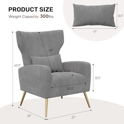Nebuaegis Velvet Accent Chair Wingback for Living Room, High Back Arm Chair with Golden Legs Lumbar Pillow, Upholstered Single Sofa Bedroom Grey - color: Grey, size: Set of 1