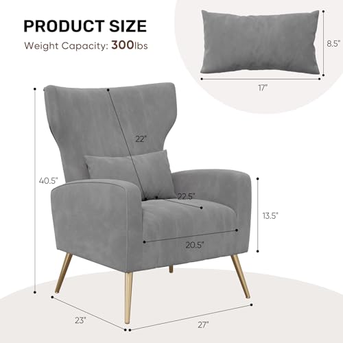 Nebuaegis Gray Velvet Accent Chair Set of 4, Wingback Chair for Living Room, High Back Arm Chair with Golden Legs Lumbar Pillow, Upholstered Single Sofa Bedroom - color: Grey, size: Set of 4