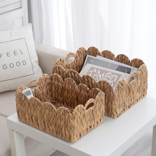Wicker Storage Baskets with Handles, Woven Organizer, 2-Pack | 2-pack natural wicker baskets with handles in large and small sizes; woven organizers for home, kitchen and nursery storage. - size: 2PC, style: Wave