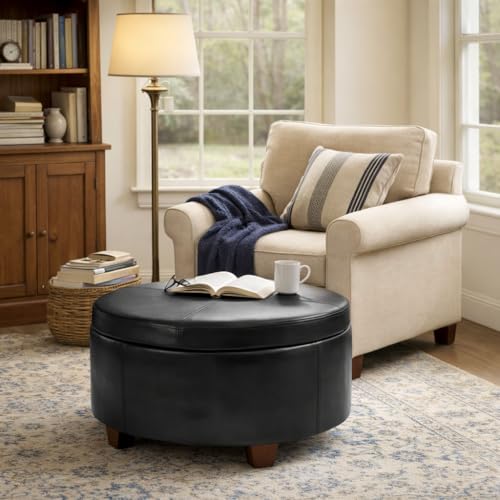 HomePop 32" Large Tufted Round Storage Ottoman - Black Faux Leather - color: Black Faux Leather