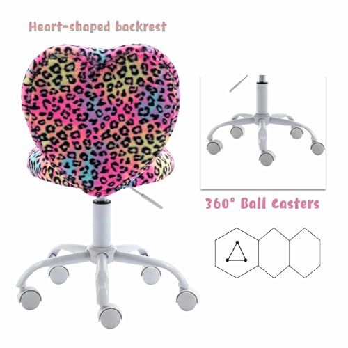 chairus Kids Desk Chair Faux Fur Small Study Chair for Teenage Girls, Adjustable Heart Shaped Kids Vanity Chair for Bedroom Reading Living Room, Cute Student Task Chair with White Foot, Leopard - color: Leopard