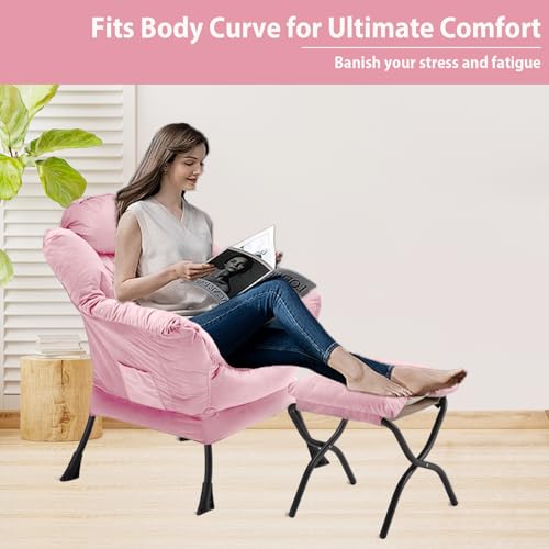 Youtanic Lazy Chair with Folding Ottoman, Accent Chair Velvet Upholstered with Metal Structure and Non-Slip Pads, Sofa Armchair with Footrest and Side Storage Bag for Dorm, Room, Office, Pink - color: Pink