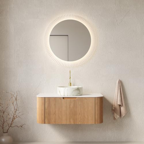 36" Floating Bathroom Vanity with Sink, Wall Mounted Plywood Cabinet, Natural Wood Grain Fluted Front, Sintered Stone Countertop, White Marble-Look Ceramic Vessel Sink, Soft-Close Drawer - color: Natural Oak Cabinet / White Marble Sink, size: 36 Inch