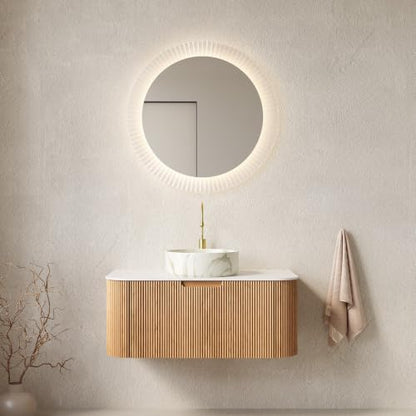 36" Floating Bathroom Vanity with Sink, Wall Mounted Plywood Cabinet, Natural Wood Grain Fluted Front, Sintered Stone Countertop, White Marble-Look Ceramic Vessel Sink, Soft-Close Drawer - color: Natural Oak Cabinet / White Marble Sink, size: 36 Inch
