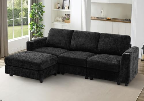 87" Chenille 3 Seater Couch with Soft Ottoman, Black | L-Shape Sectional Sofa with Durable Cup Holders, Upholstered Sofa with Comfy Backrests for Living Room, House - color: Black, size: 87" L-Shape