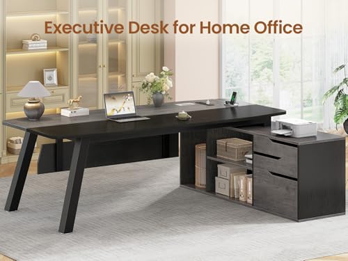 SEDETA 71" L Shaped Executive Desk with File Cabinet & Power Outlet | Computer Desk with 3 Storage Drawers, Adjustable Shelves, CPU Stand, Privacy Baffle, Modern Desk for Home Office, Gray - color: Grey