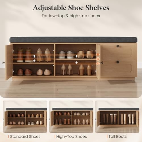 59" Storage Bench with Drawer, 2-Tier Shoe Bench with Doors, Long Entryway Bench, Thickened Cushion, Adjustable Shelf, Recessed Design for Entryway, Bedroom, Living Room, Natural