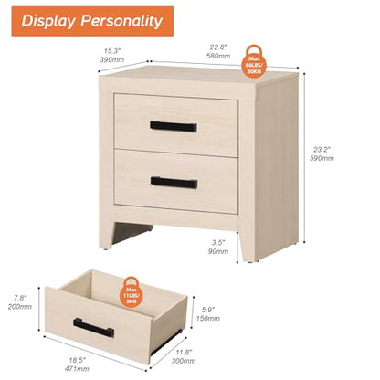 WAMPAT Nightstand with 2 Large Drawers,Wooden Nightstand with Storage,Farmhouse Bedside Table End Table for Bedroom, Beige - color: Beige