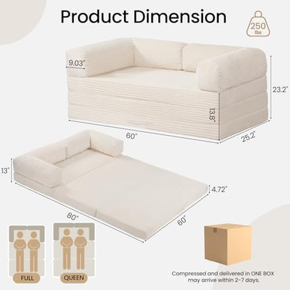 Erament Futon Sofa Bed Queen, Convertible Tri Folding Mattress Foldable with Removable Armrests & Washable Cover, 5-Inch Floor Mattress with High-Density Foam, Small Pull Out Couch Bed, Beige - color: Beige, size: Queen