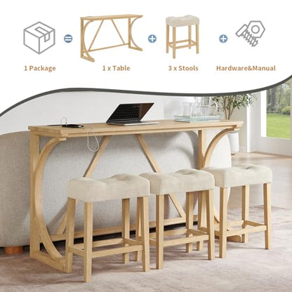 59" Dining Bar Table Set with Power Outlet, Behind Couch Sofa Table with 3 Padded Stools, 5 Piece Bar Table and Chairs Set for Living Room, Dining Room, Light Oak - color: O1-oak