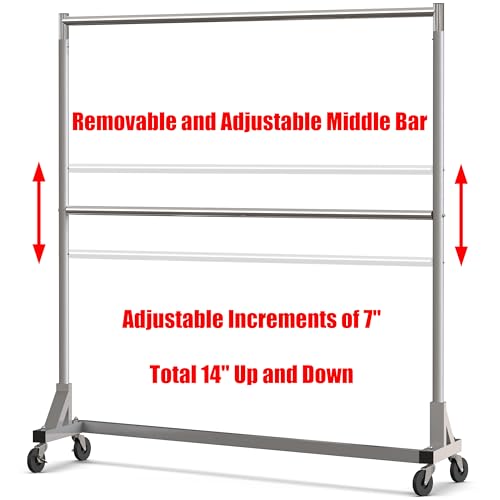 Simple Houseware Commercial Grade Z-Base Double Rod Garment Rack, Silver | 600Lb Load with 63" Extra Long Bar, Adjustable Middle Bar