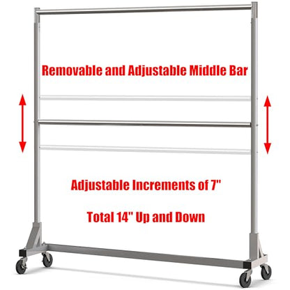 Simple Houseware Commercial Grade Z-Base Double Rod Garment Rack, Silver | 600Lb Load with 63" Extra Long Bar, Adjustable Middle Bar