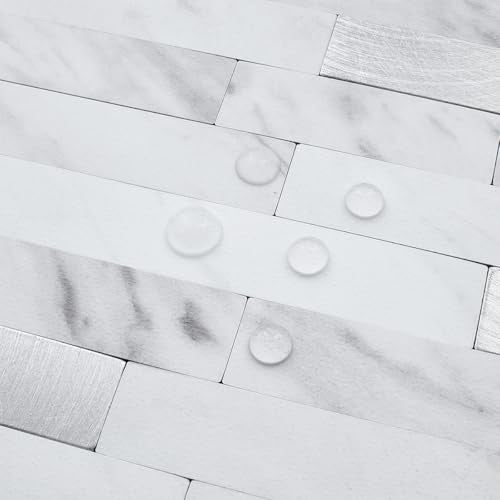 DICOFUN 10 Sheets Marble Look Peel and Stick Backsplash Wall Tile, PVC Kitchen Backsplash Peel and Stick in White, 9.4 sq.ft - color: White Stone and Metal Silver, size: 10 Sheets, 12’’x12’’x0.12’’