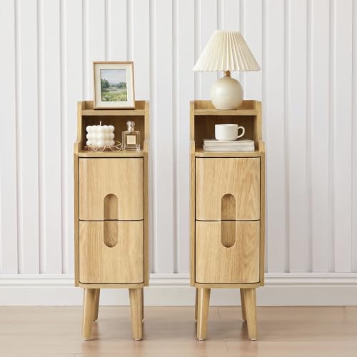 FurSch Narrow Nightstand, Wooden 2 Drawer, Natural, Set of 2 | Slim Side End Table, Skinny Bedside Table, Mid Century Modern, With Drawers for Bedroom - color: Natural 3-2 Pcs