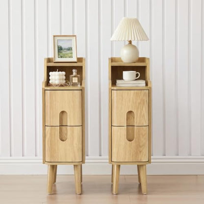 FurSch Narrow Nightstand, Wooden 2 Drawer, Natural, Set of 2 | Slim Side End Table, Skinny Bedside Table, Mid Century Modern, With Drawers for Bedroom - color: Natural 3-2 Pcs