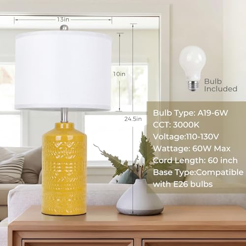 JUNNAI 25" Modern Bedside Ceramic Table Lamps for Living Room Mustard Yellow Nightstand 3-Way Dimmable Lamp Farmhouse Lamp for Bedroom Entryway Tabletop(Bulb Included) - color: Mustard Yellow