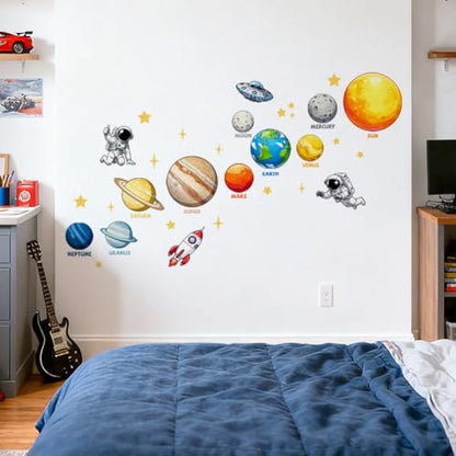 Solar System Wall Decals, Wall Stickers Decor | 2 Sheets 11.8"x37.8" Vinyl Removable Peel and Stick Murals, Plant Decor for Bedroom, Bathroom, Office, Classroom & Home - style: Solar System