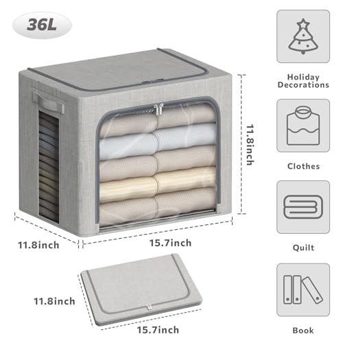 4 Pack Clothes Storage Bins with Metal Frame - 36L Stackable Storage Box with Lid，Foldable Storage Container Organizer for Clothes，Linen Fabric Storage Box with Clear Window＆Zippers＆Handles - color: Light Grey, size: 36L