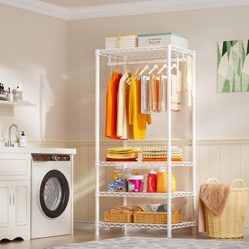 H4 Mini Portable Closet, 4 Tiers Freestanding Clothing Garment Rack for Small Space, Metal Clothes Wardrobe System for Bedroom, 23.6" W x 14" D x 76.4" H, Load 502 lbs, White | Metal Clothes Wardrobe System for Apartment, Small Space and Bedroom, Load 502