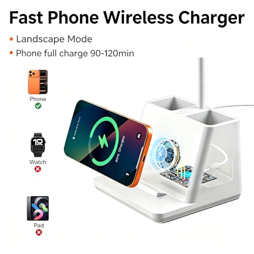 Desk Lamp with Fast Wireless Charger, College Dorm Room Table Light | 18 in, Adjustable LED, White, Small, Cute, for Home Office, with Charging Station, Pencil Holder