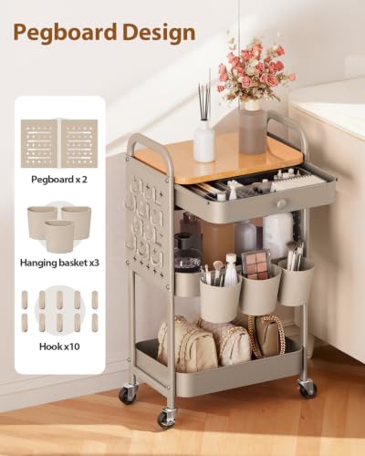 ALVOROG 3 Tier Metal Rolling Cart with Drawer,Wood Top,Pegboards,Khaki | Storage Utility Cart with Drawers,Pegboards,Lockable Wheels,Baskets,Hooks for Kitchen,Office,Bedroom,DIY Supplies - color: Khaki