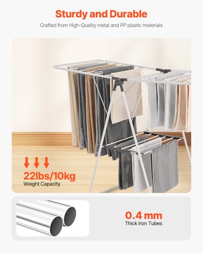 VEVOR Clothes Drying Rack, 2-Tier Foldable Laundry Dryer Rack with Sock Clips & 21 Drying Rods, Metal Height Adjustable Drying Racks for Outdoor & Indoor, Free-Standing & Space-Saving Hanger, White - size: 54.5"D x 23.6"W x 39.4"H