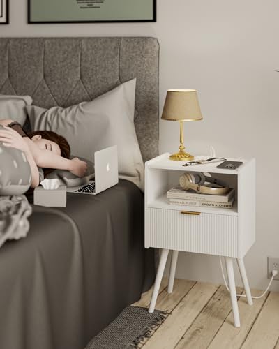 White Nightstand with Outlet,Modern Bedside Table with Storage Drawer and Open Wood Shelf, for Living Room, Bedroom and Small Spaces, Accent Night Stand with Solid Wood Legs, Easy Assembly - color: White-outlet