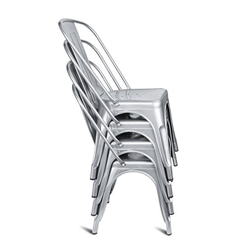 Devoko Metal Indoor-Outdoor Chairs Distressed Style Kitchen Dining Chairs Stackable Side Chair with Back Set of 4 (Silver) - color: Silver