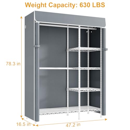 F2C Clothes Rack with Cover, White Closet with Gray Cover | Clothing Racks for Hanging Clothes, Heavy Duty Garment Rack with Shelves, 47.2"W x 16.5"D x 78.3"H, Load 630lbs - color: White Closet with Gray Cover