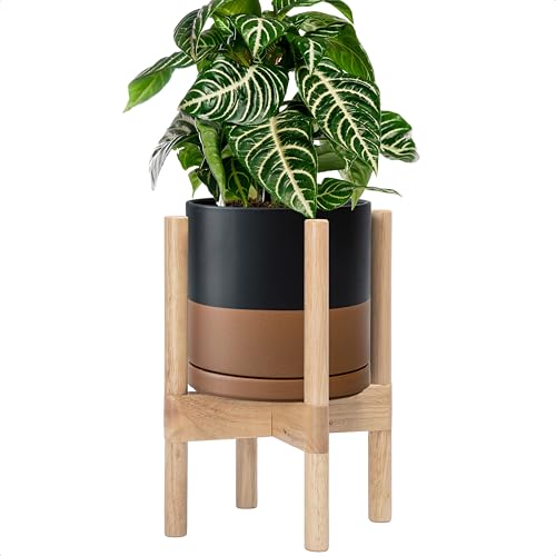 D'vine Dev Ceramic Pot with Natural Wood Stand, Black/Tan, 8 in, 55-B-N-7 | Mid-Century Modern Design, Raised Plant Display, Solid Beech Wood Stand, Premium Craftsmanship, Sophisticated Home Decor - color: Black/Speckled Tan Pot + Natural Stand, size: 8 I